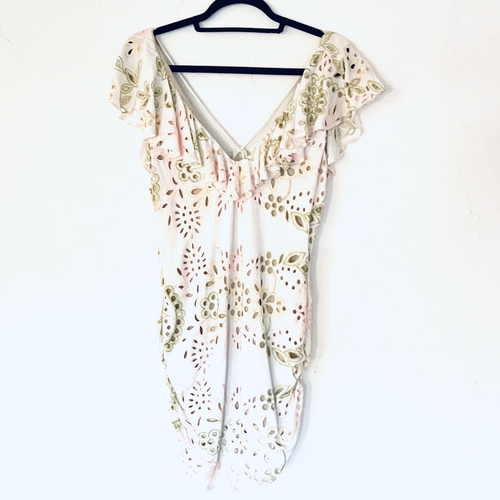 SKY Stretchy Cream Eyelet Ruffle Mini Dress Sz L